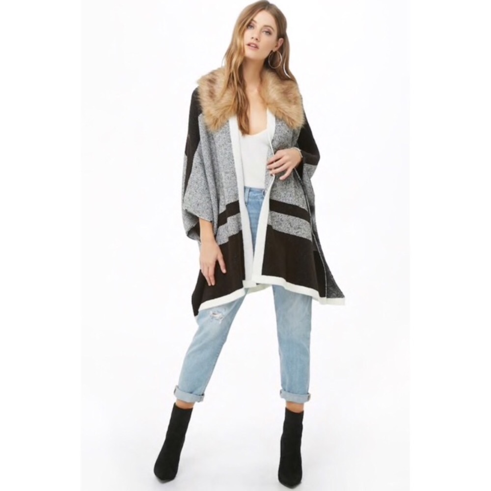 Faux Fur Collar Shawl Poncho Cape by Forever 21